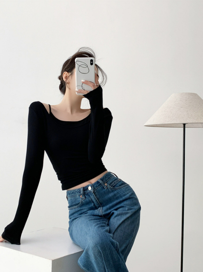 Xya Asymmetric Collar Fake Two Piece Long Sleeve Top-The Black Bow-