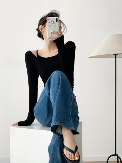 Xya Asymmetric Collar Fake Two Piece Long Sleeve Top-The Black Bow-