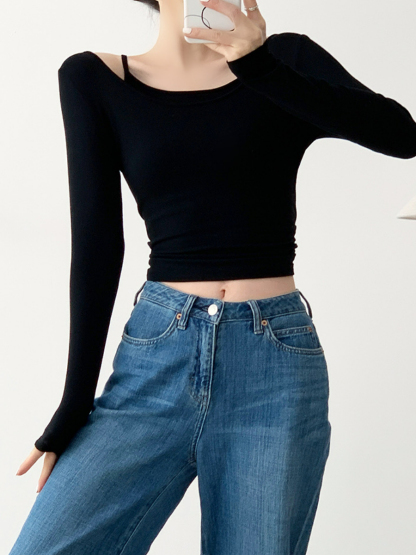 Xya Asymmetric Collar Fake Two Piece Long Sleeve Top-The Black Bow-