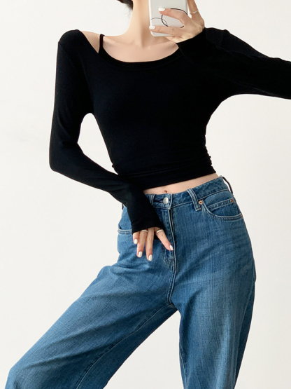 Xya Asymmetric Collar Fake Two Piece Long Sleeve Top-The Black Bow-