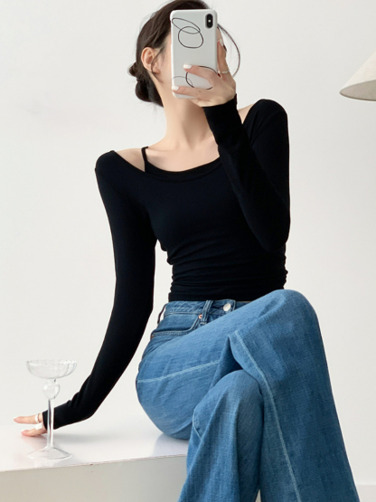 Xya Asymmetric Collar Fake Two Piece Long Sleeve Top-The Black Bow-