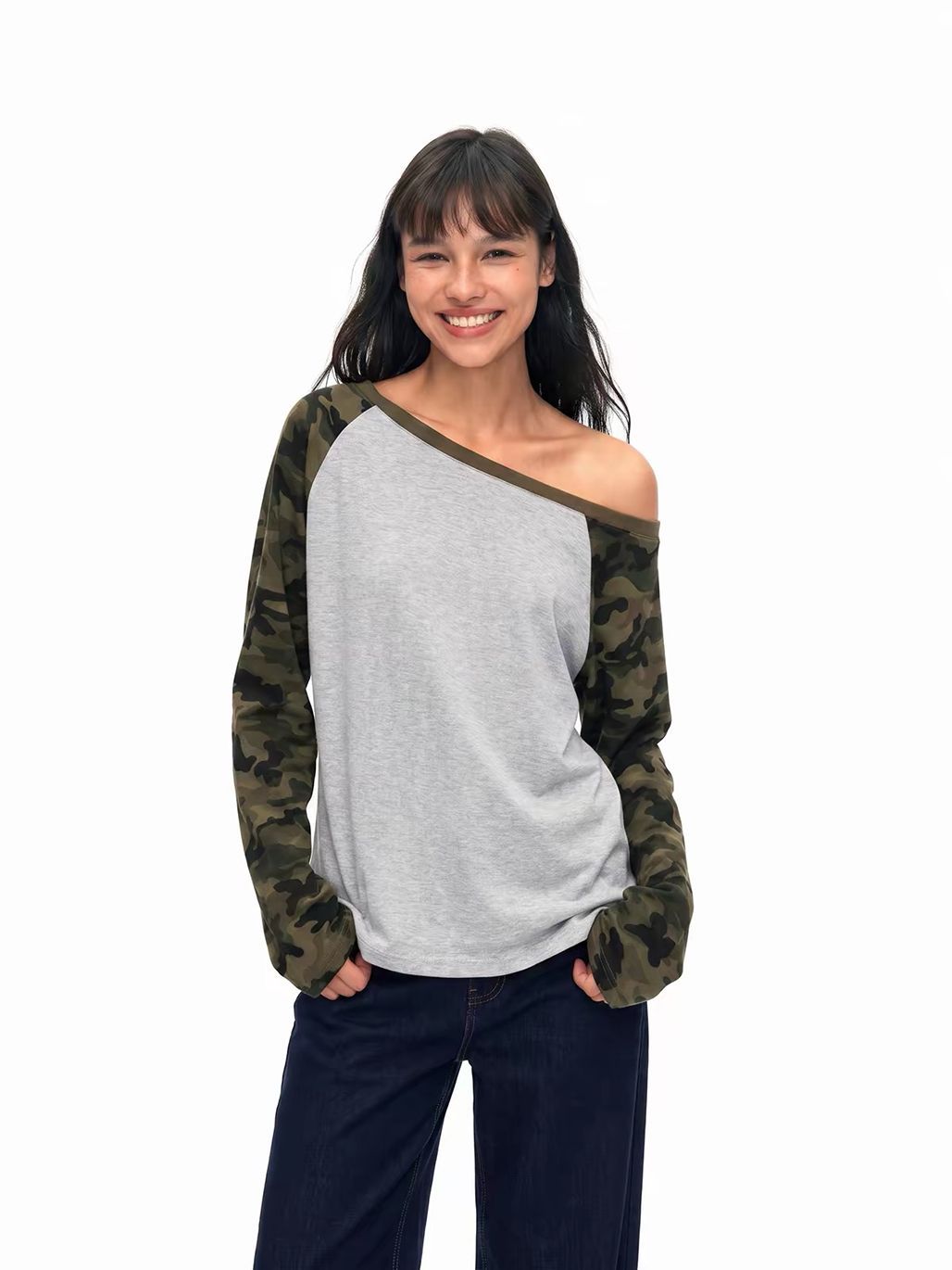 Georgy Camo-Sleeve Raglan Top