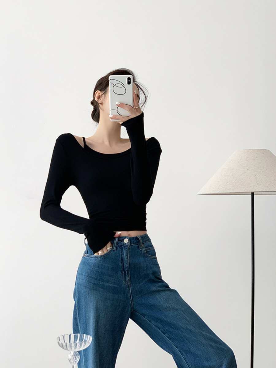 Xya Asymmetric Collar Fake Two Piece Long Sleeve Top-The Black Bow-
