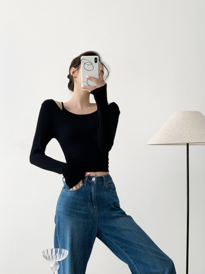 Xya Asymmetric Collar Fake Two Piece Long Sleeve Top-The Black Bow-