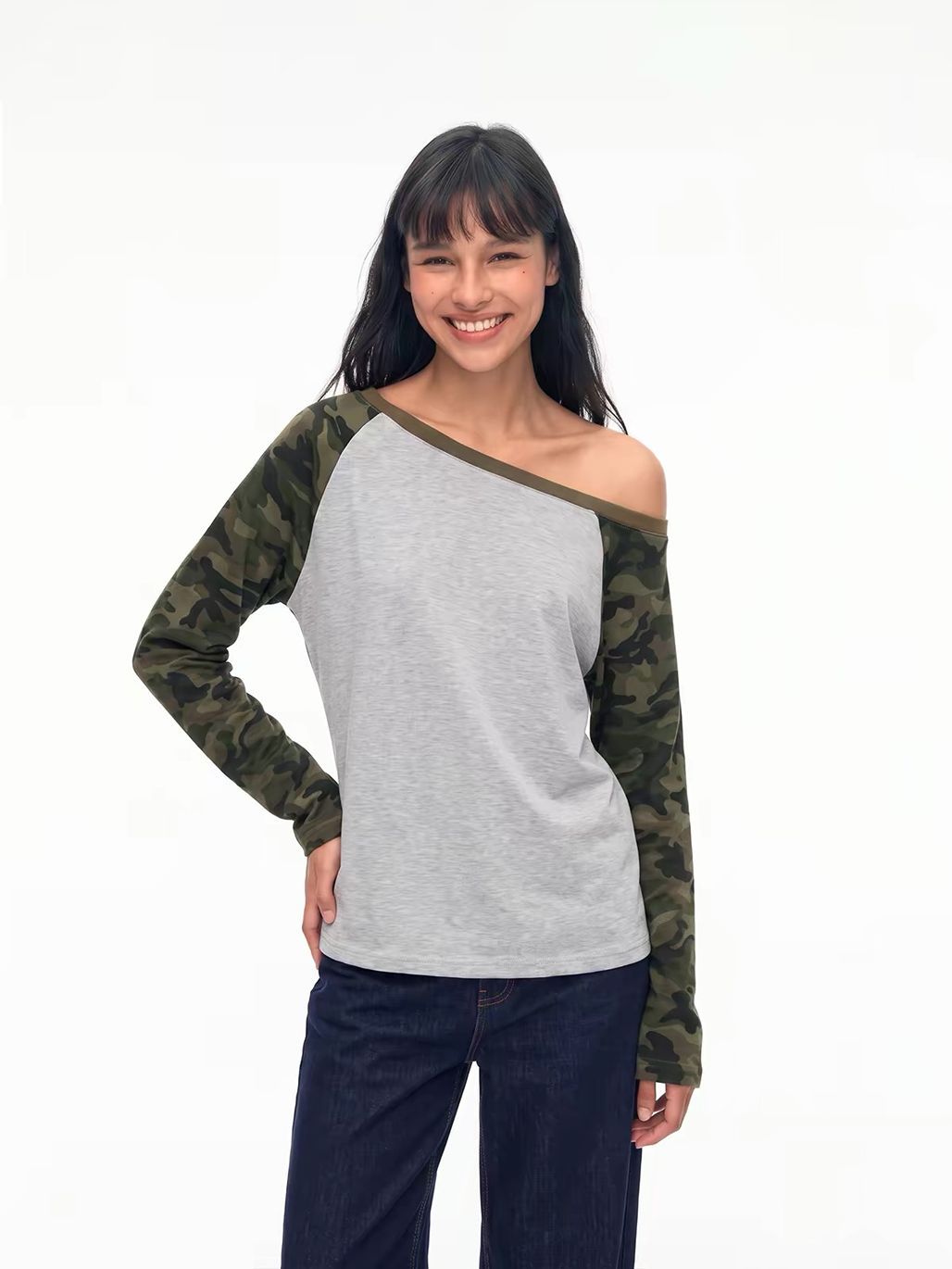 Georgy Camo-Sleeve Raglan Top