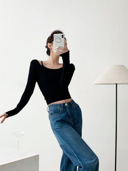 Xya Asymmetric Collar Fake Two Piece Long Sleeve Top-The Black Bow-