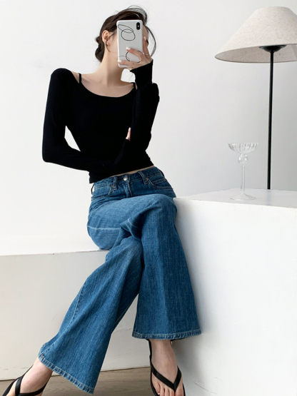Xya Asymmetric Collar Fake Two Piece Long Sleeve Top-The Black Bow-