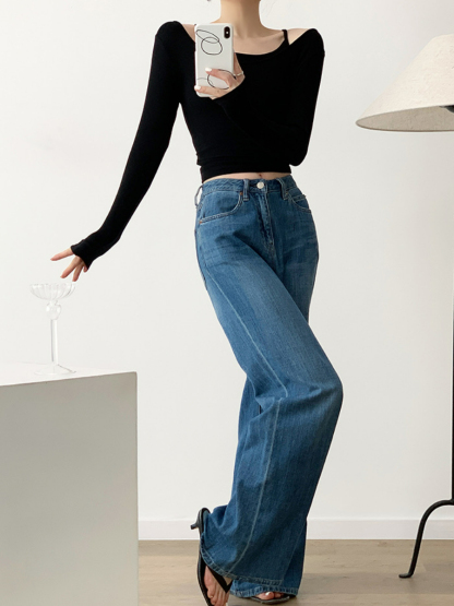 Xya Asymmetric Collar Fake Two Piece Long Sleeve Top-The Black Bow-