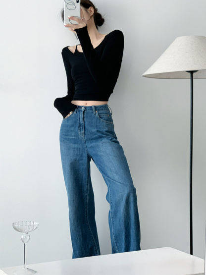 Xya Asymmetric Collar Fake Two Piece Long Sleeve Top-The Black Bow-