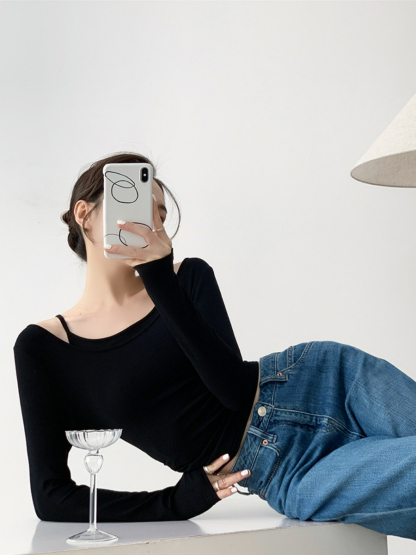 Xya Asymmetric Collar Fake Two Piece Long Sleeve Top-The Black Bow-