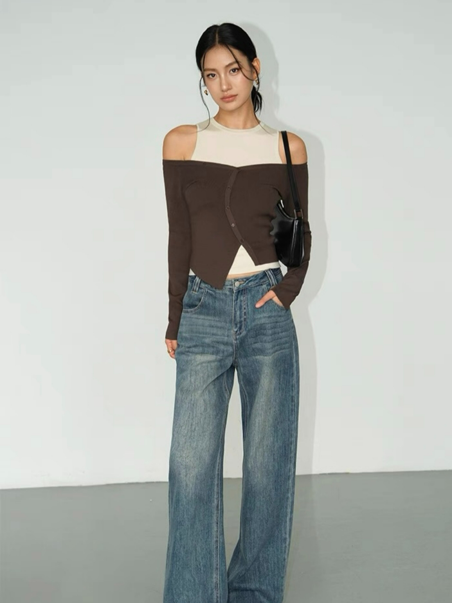 Amanda Cold Shoulder Fake Two Pieces Knit Top