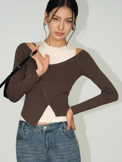Amanda Cold Shoulder Fake Two Pieces Knit Top