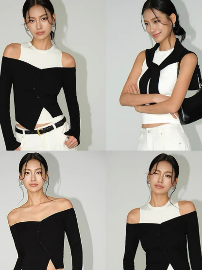 Amanda Cold Shoulder Fake Two Pieces Knit Top