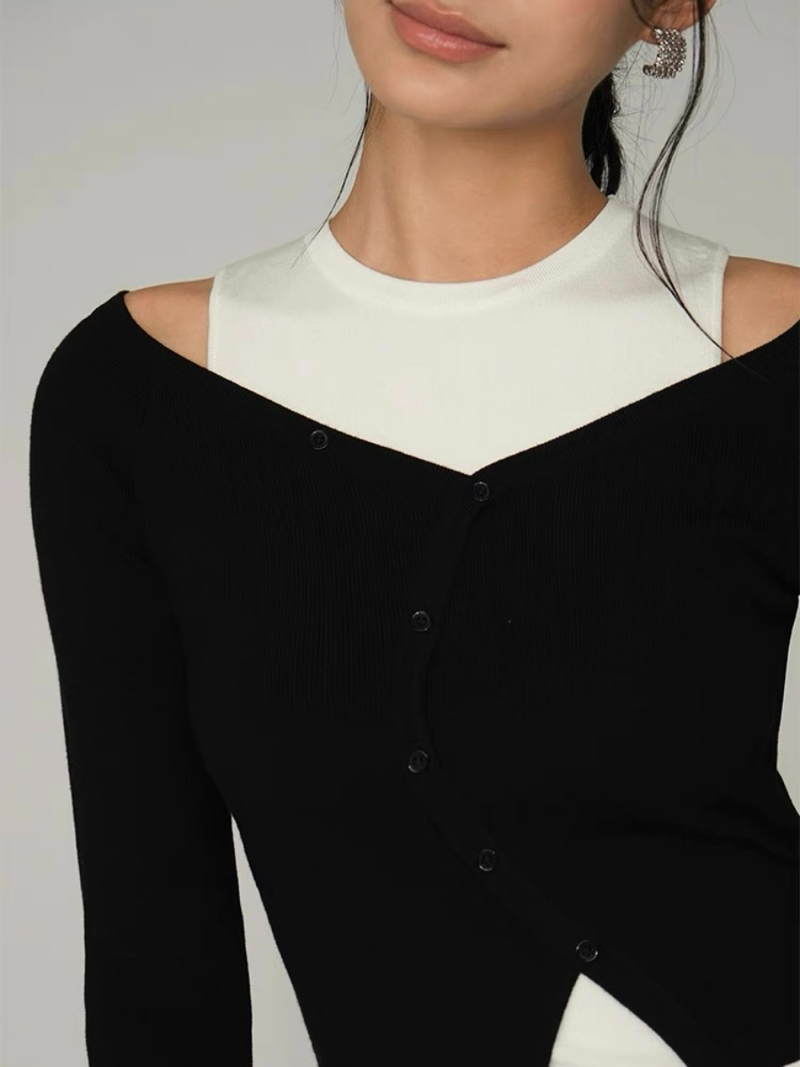 Amanda Cold Shoulder Fake Two Pieces Knit Top