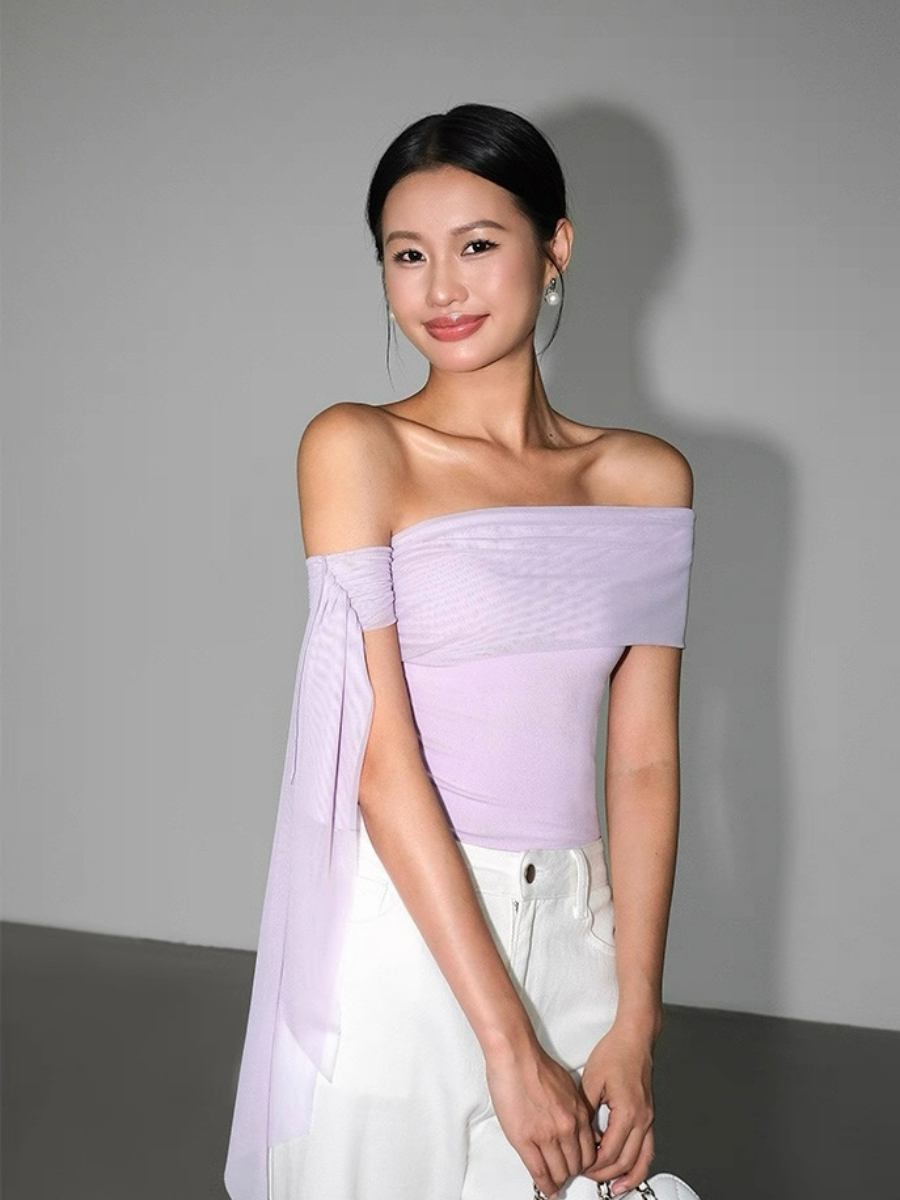 Alaina One Shoulder Top with Flowy Mesh Tie