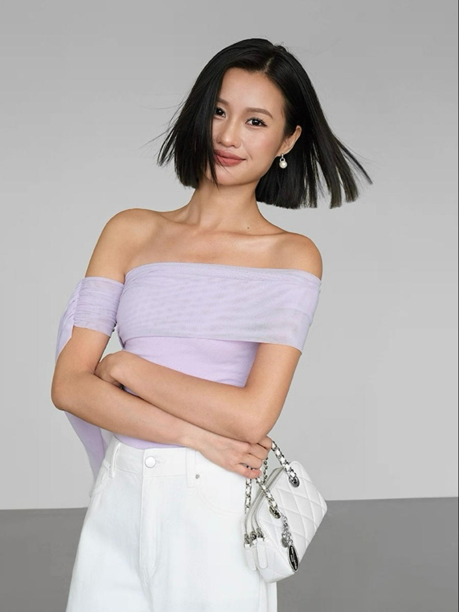 Alaina One Shoulder Top with Flowy Mesh Tie