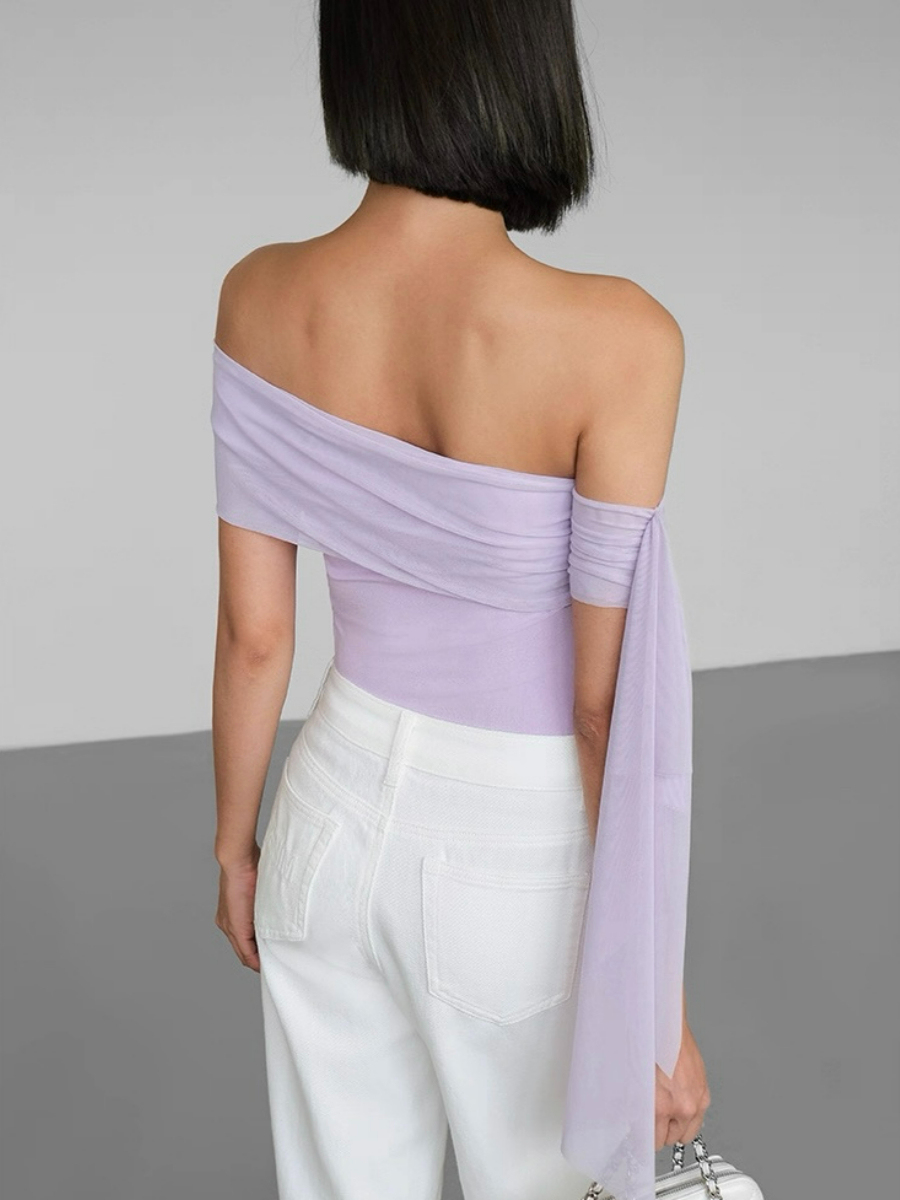 Alaina One Shoulder Top with Flowy Mesh Tie