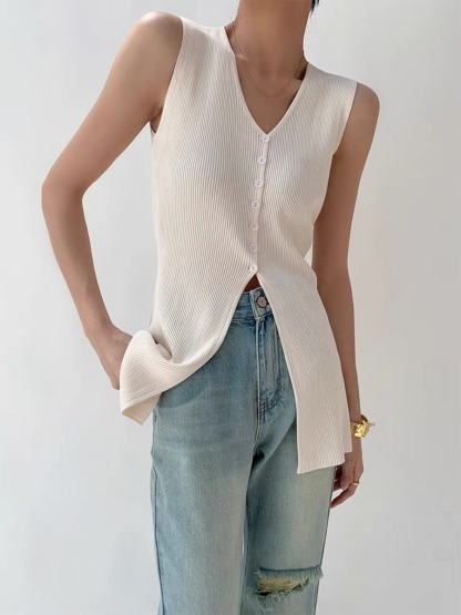 Trecya V-Neck Long Knit Top-The Black Bow-