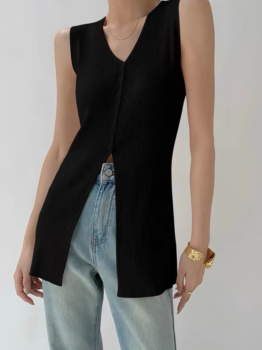 Trecya V-Neck Long Knit Top-The Black Bow-