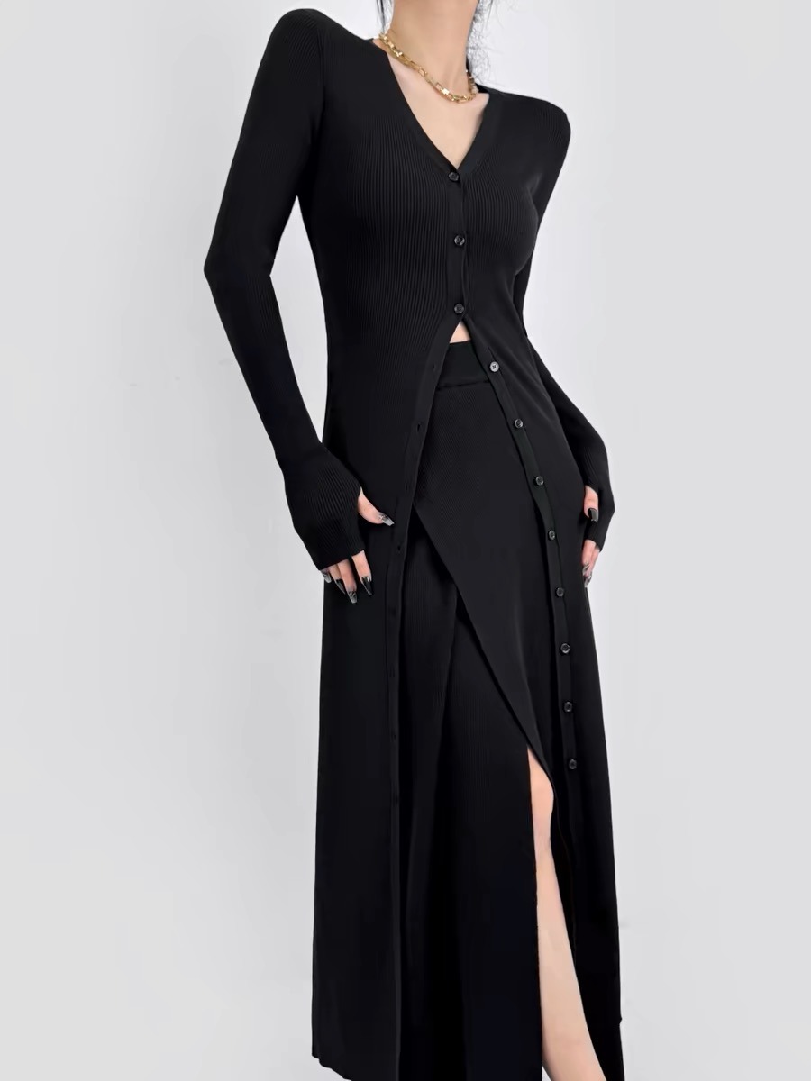 Treasa Two Way Long Sleeve Cardigan/ Button Knit Dress-The Black Bow-