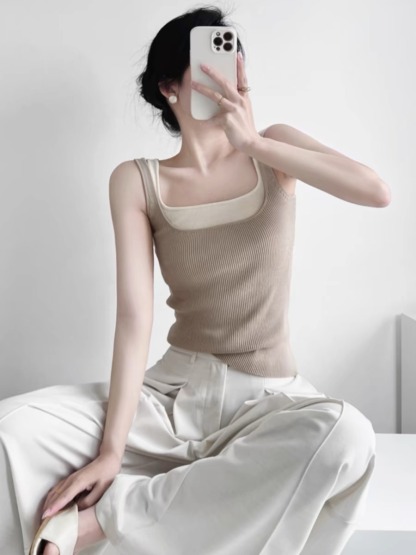 Tennie Fake Two Piece Square Neck Knit Top-The Black Bow-