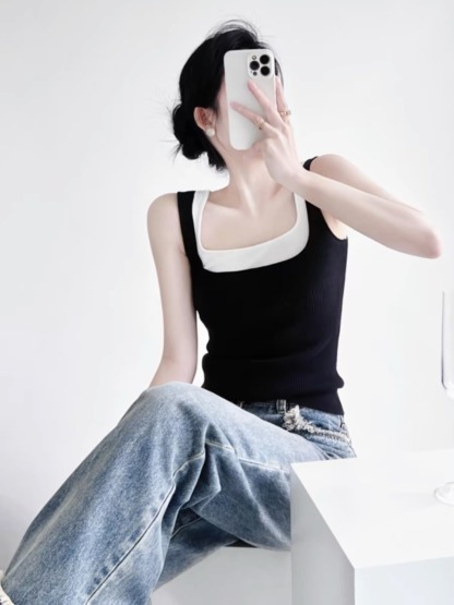 Tennie Fake Two Piece Square Neck Knit Top-The Black Bow-