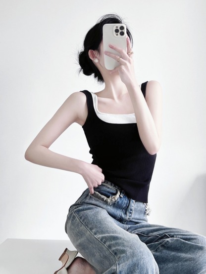 Tennie Fake Two Piece Square Neck Knit Top-The Black Bow-