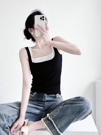 Tennie Fake Two Piece Square Neck Knit Top-The Black Bow-