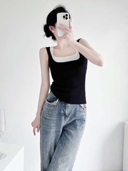 Tennie Fake Two Piece Square Neck Knit Top-The Black Bow-
