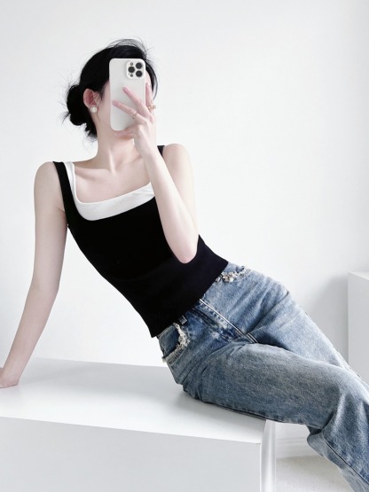 Tennie Fake Two Piece Square Neck Knit Top-The Black Bow-
