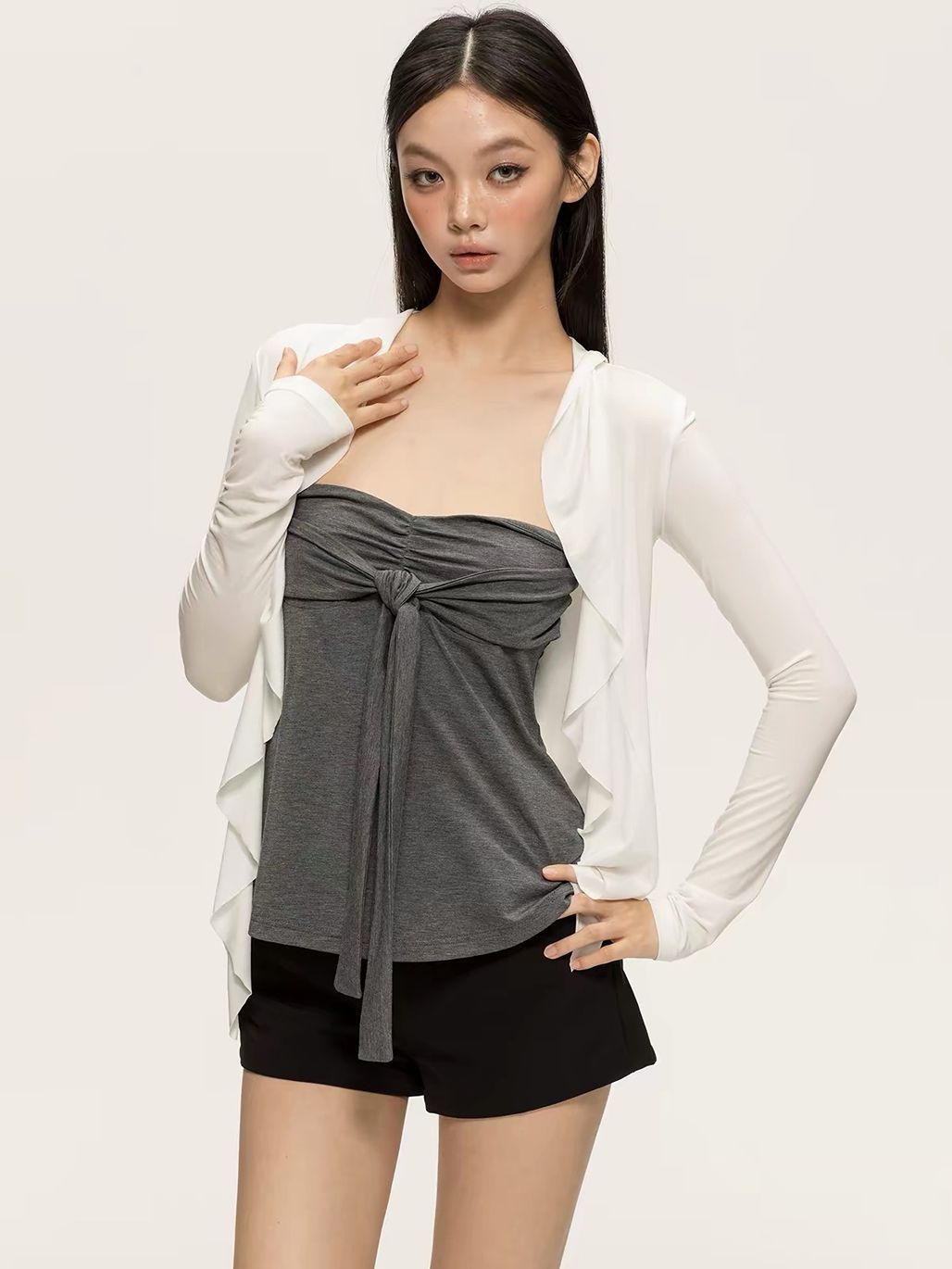 Gyulia Bow-Front Tube Top & Cascading Ruffle-Trim Cardigan (Sold Seperately)