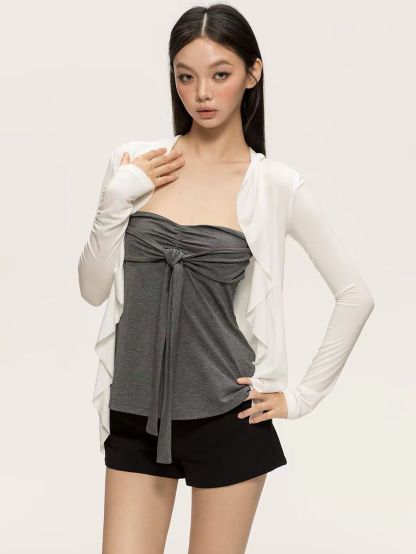 Gyulia Bow-Front Tube Top & Cascading Ruffle-Trim Cardigan (Sold Seperately)