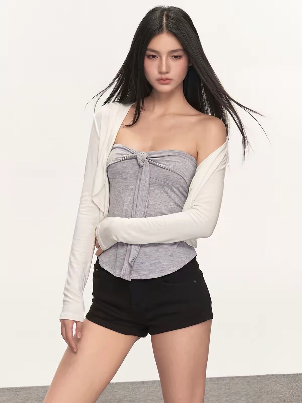 Gyulia Bow-Front Tube Top & Cascading Ruffle-Trim Cardigan (Sold Seperately)