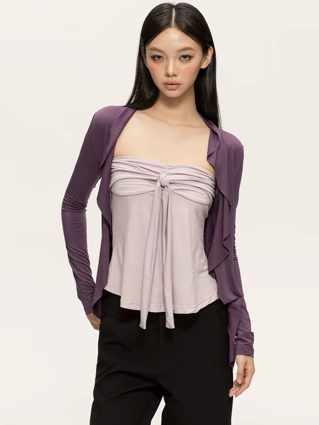 Gyulia Bow-Front Tube Top & Cascading Ruffle-Trim Cardigan (Sold Seperately)