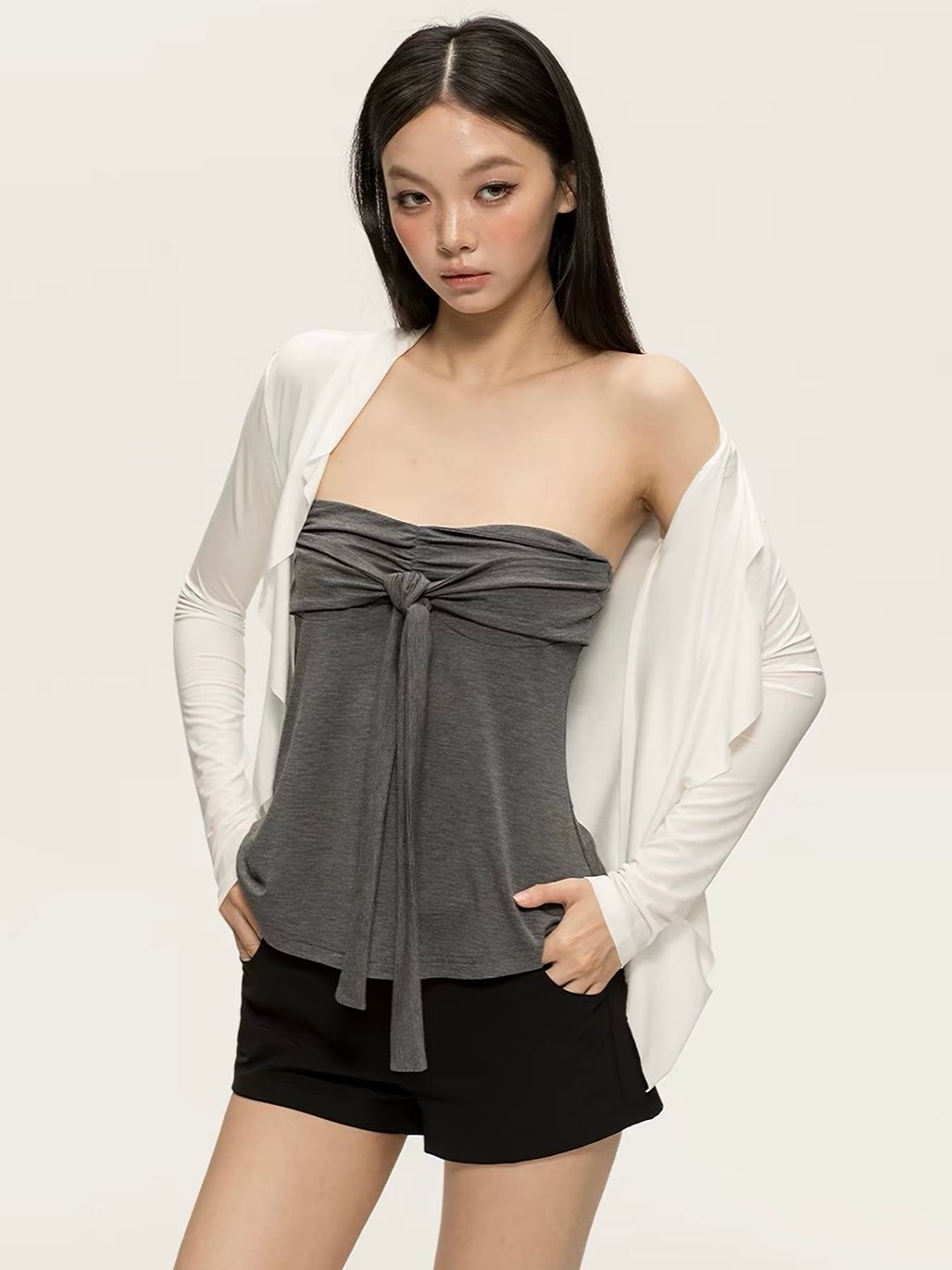Gyulia Bow-Front Tube Top & Cascading Ruffle-Trim Cardigan (Sold Seperately)