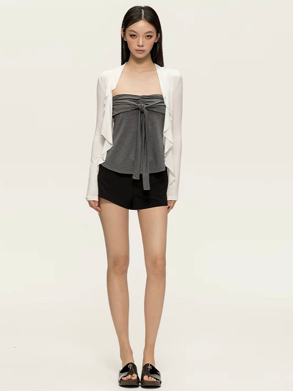 Gyulia Bow-Front Tube Top & Cascading Ruffle-Trim Cardigan (Sold Seperately)