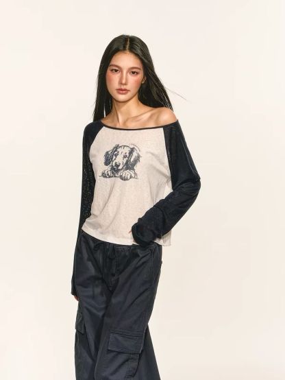 Gyu Puppy-Graphic Off-Shoulder Raglan Top 