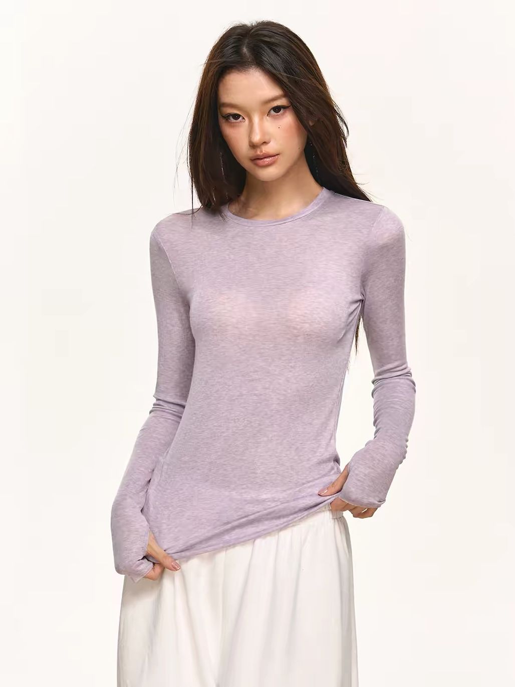 Geann Lyocell Wool Blend Soft-Stretch Fitted Long-Sleeve Top