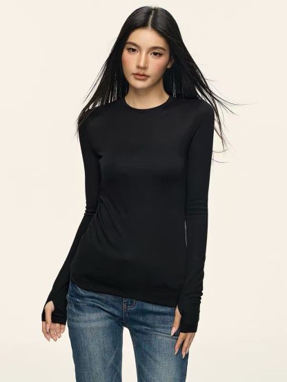 Geann Lyocell Wool Blend Soft-Stretch Fitted Long-Sleeve Top