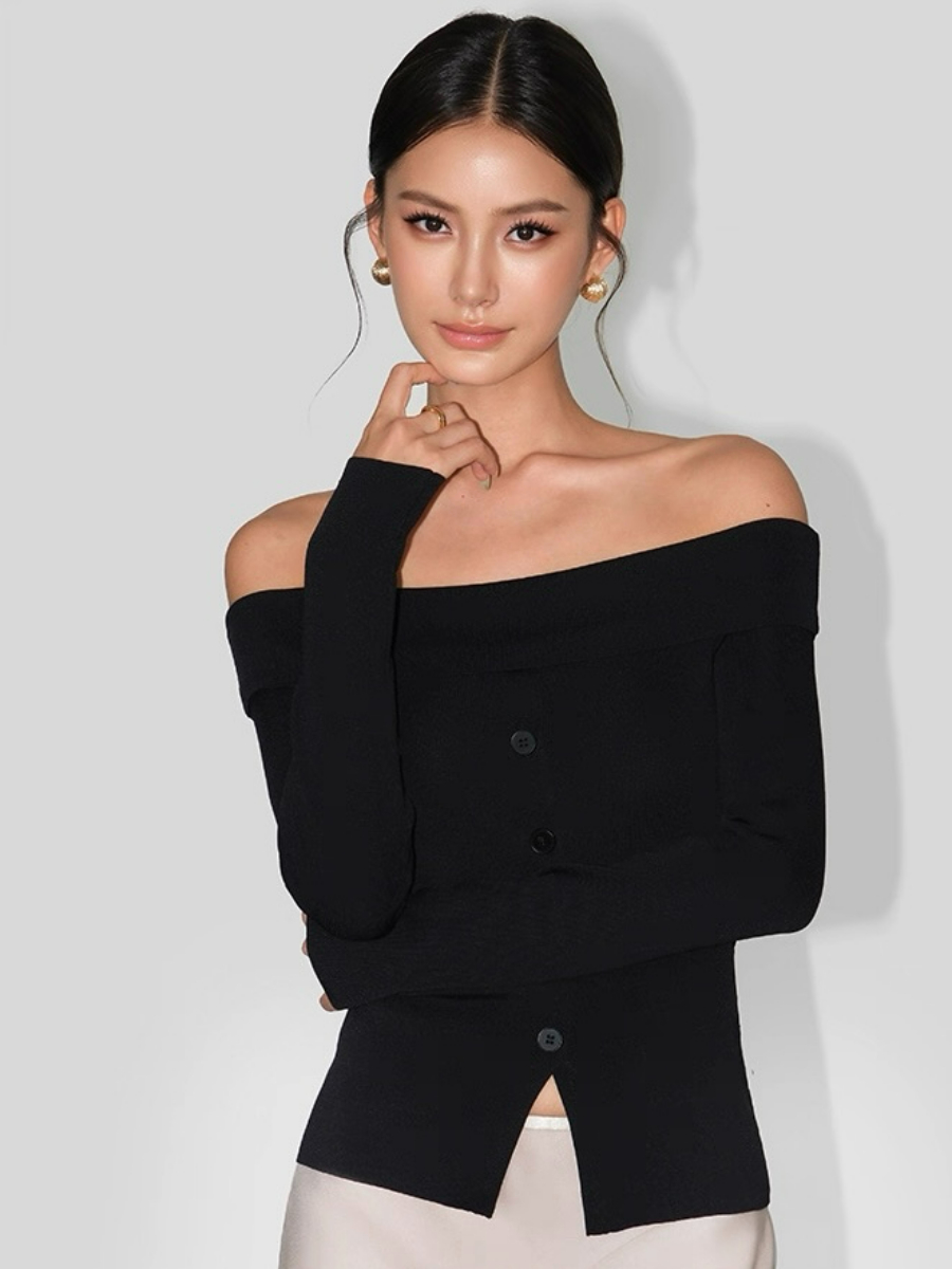 Adele One Shoulder Button Knit Top