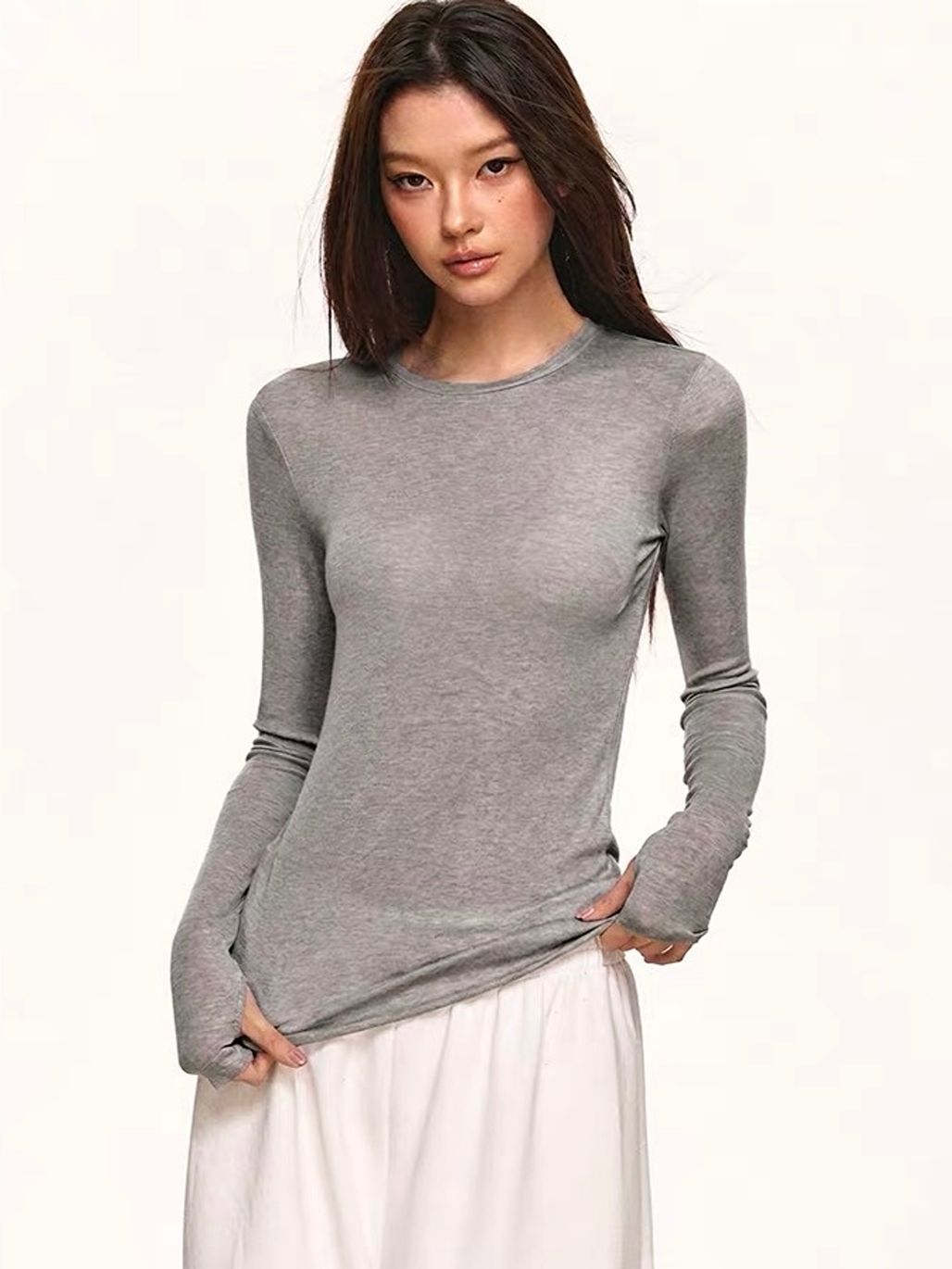 Geann Lyocell Wool Blend Soft-Stretch Fitted Long-Sleeve Top