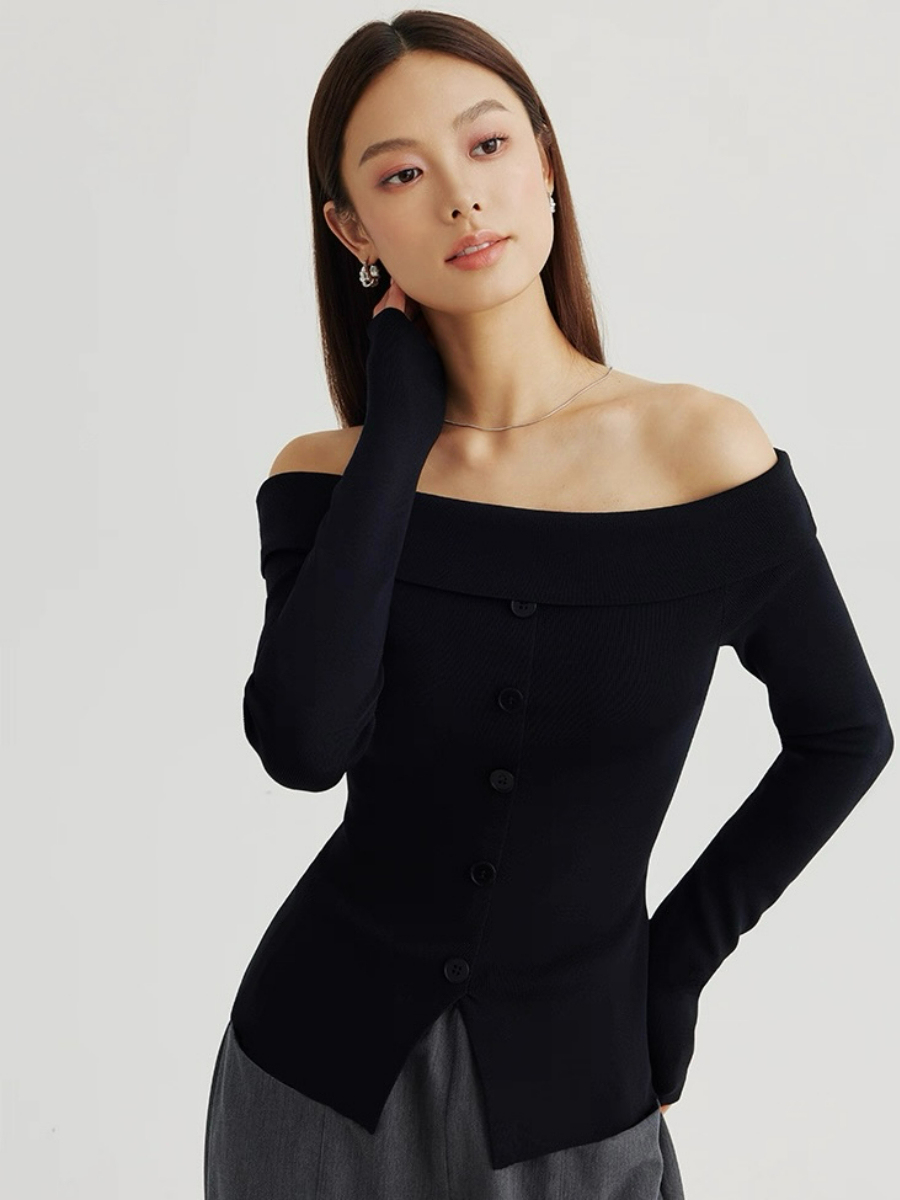 Adele One Shoulder Button Knit Top