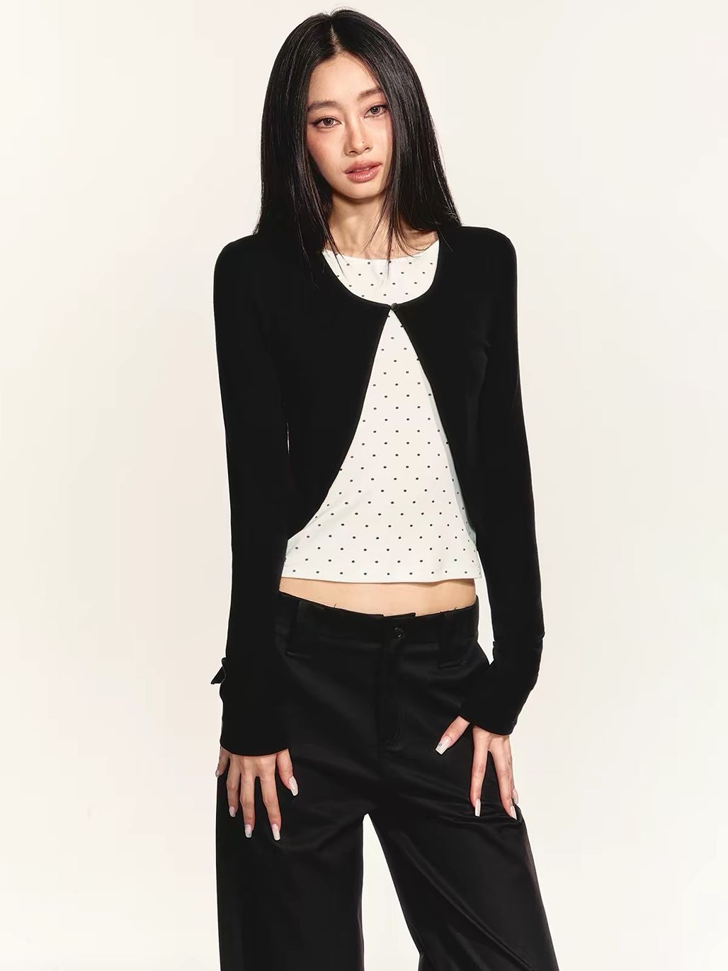 Gizi Polka-Dot Fake Two-Piece Cardigan Top