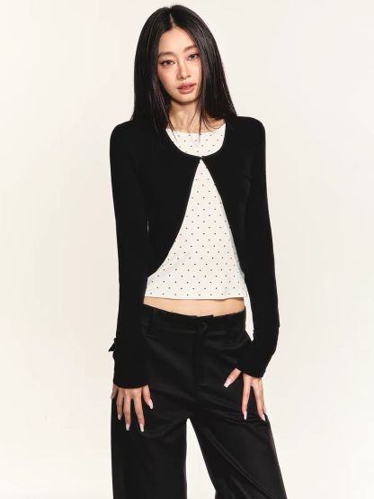 Gizi Polka-Dot Fake Two-Piece Cardigan Top