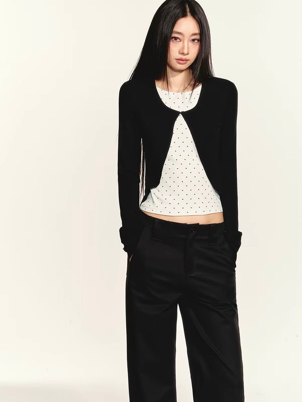 Gizi Polka-Dot Fake Two-Piece Cardigan Top