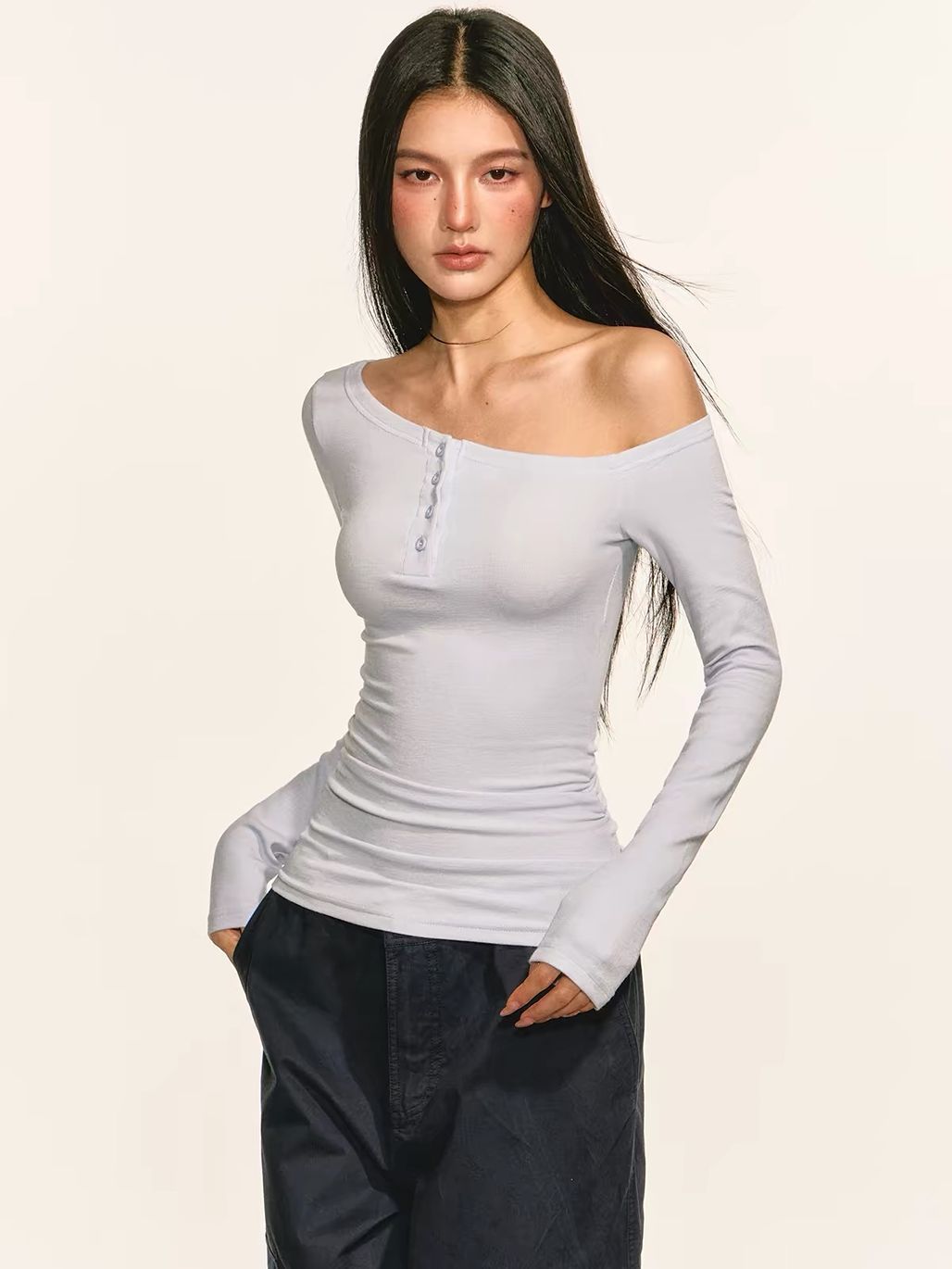 Gwinyth Off-Shoulder Henley Fitted Top