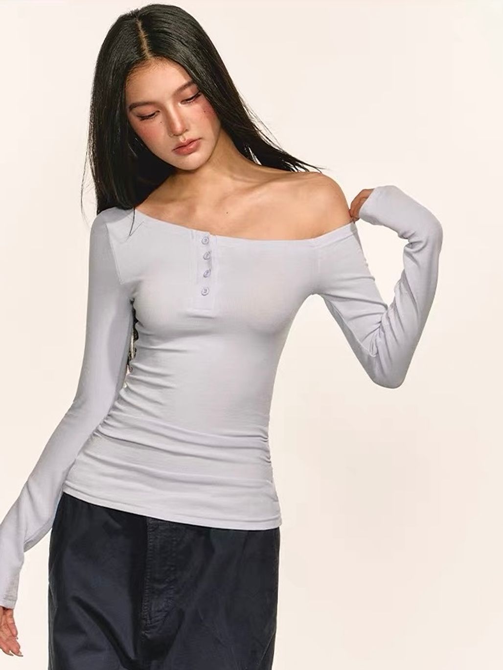 Gwinyth Off-Shoulder Henley Fitted Top