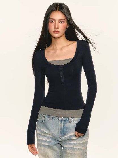Germayn Contrast Layered-Look Henley Fitted Top 