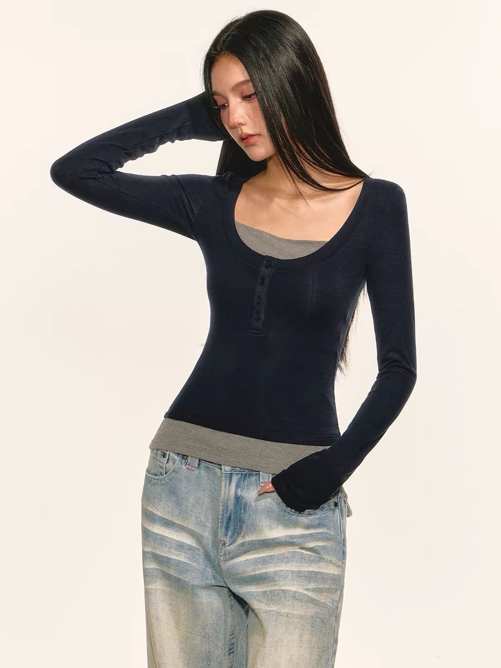 Germayn Contrast Layered-Look Henley Fitted Top 