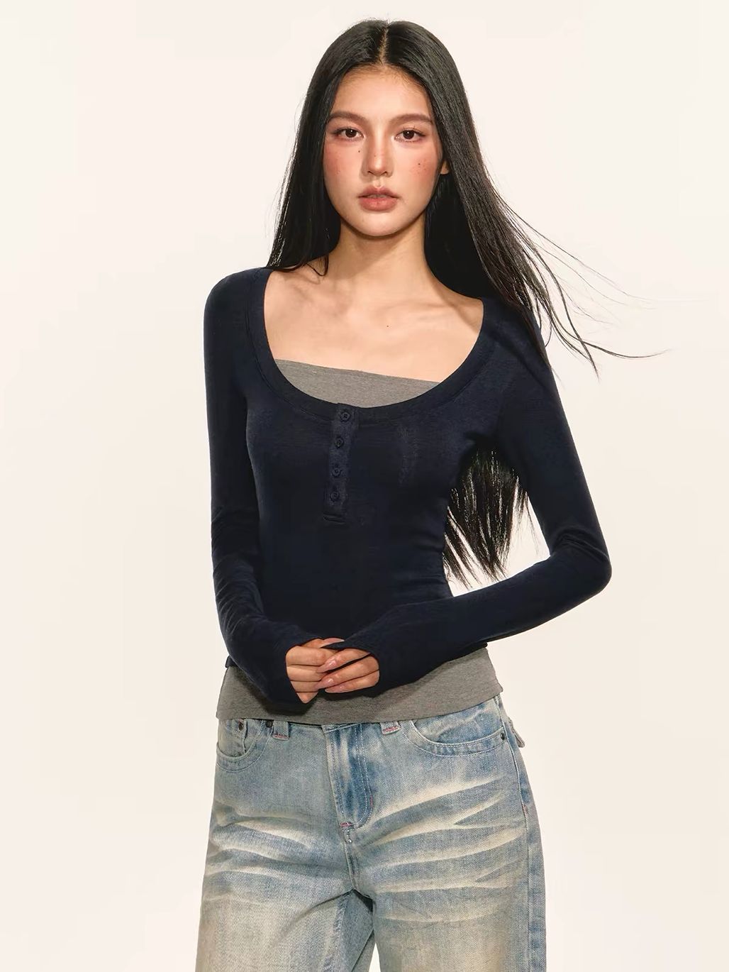 Germayn Contrast Layered-Look Henley Fitted Top 